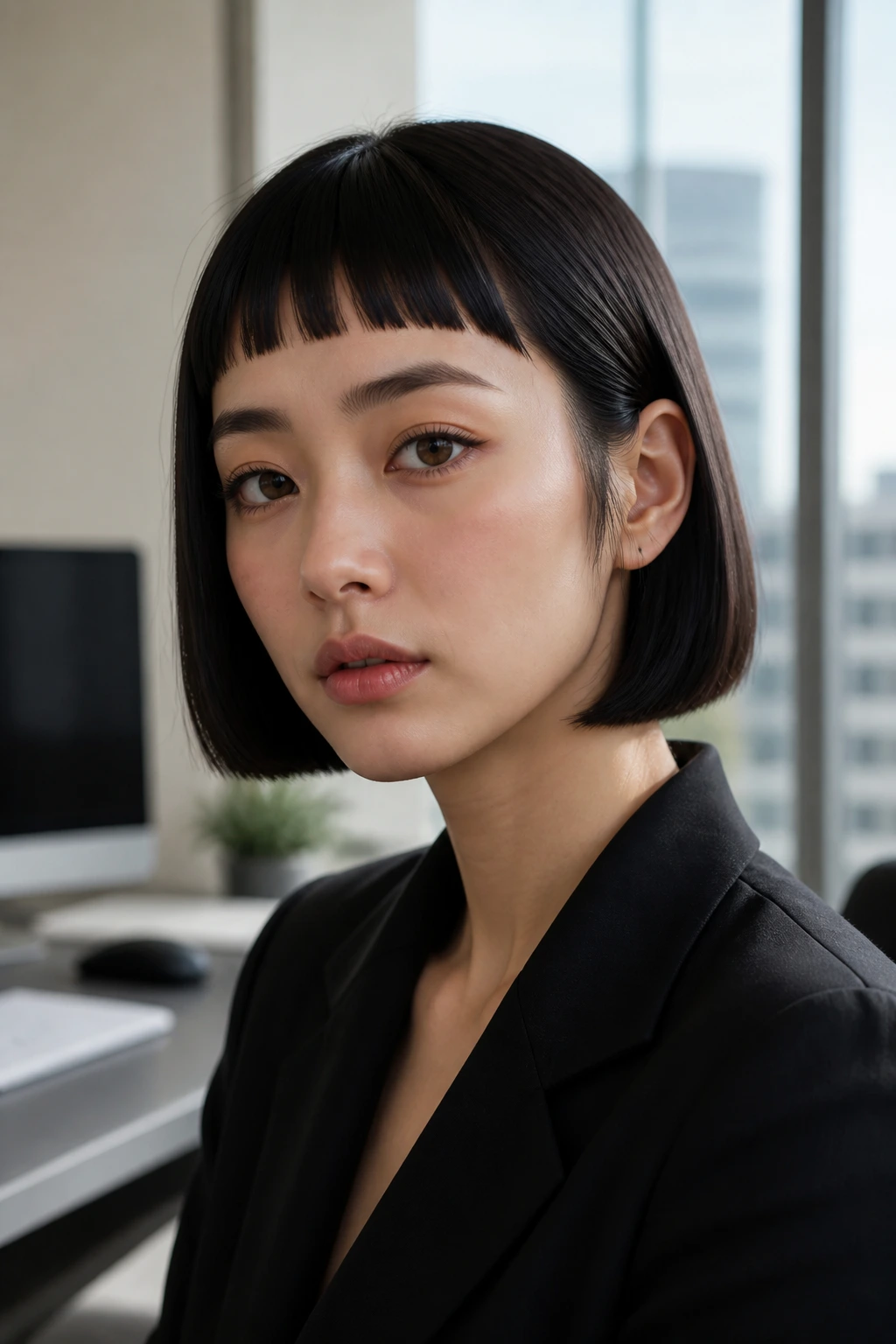 Real woman with blunt bob and micro bangs in an office setting.