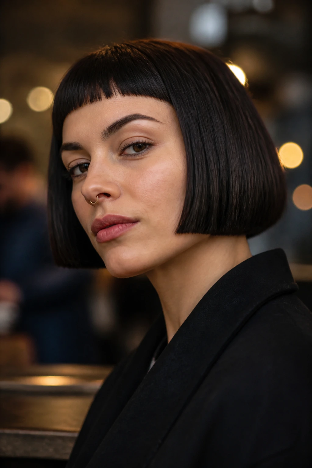 Portrait of a real woman with a blunt bob and micro-bangs