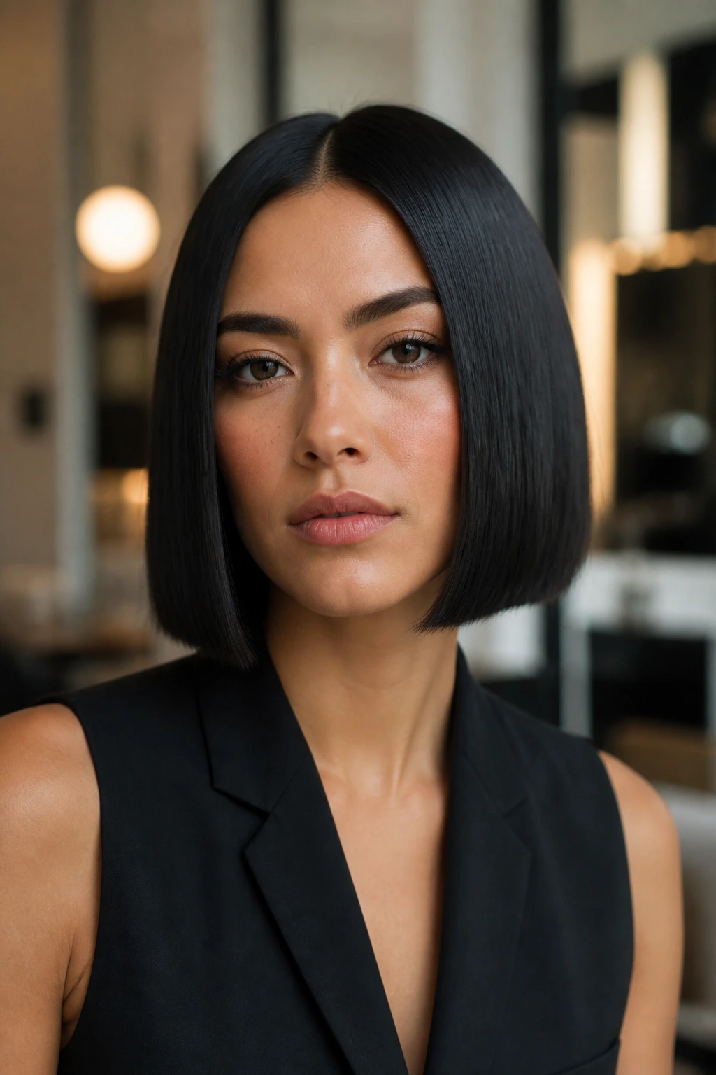 Real woman with mid-part blunt bob passing jawline