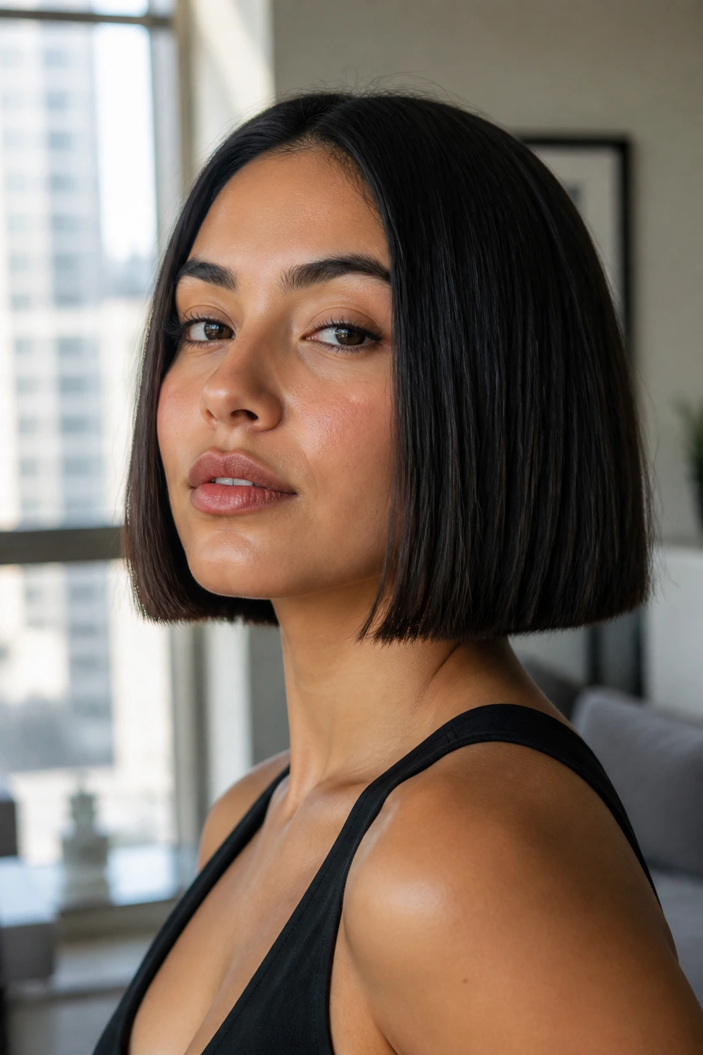 Close-up of a real woman with a blunt bob and minimal styling