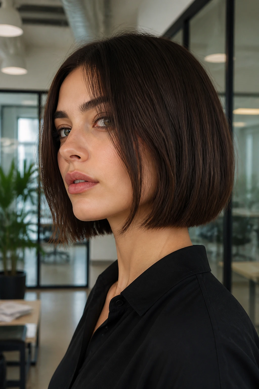 Portrait of a real person with blunt bob adapting to office culture in a modern workspace