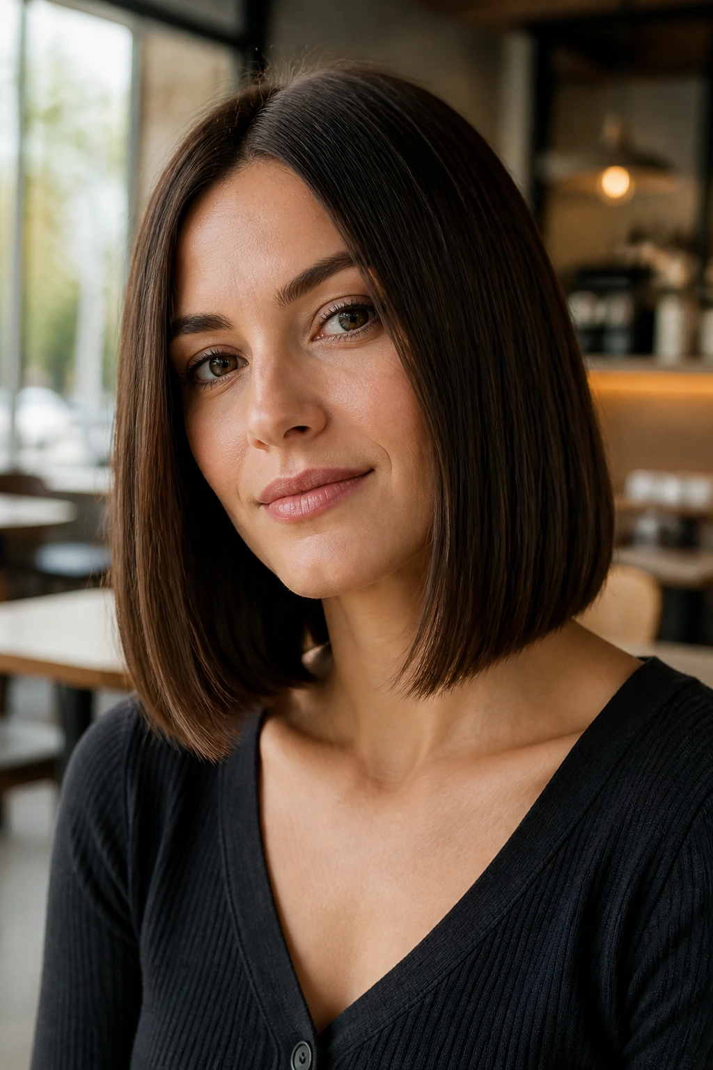Close-up portrait of a real woman with a blunt mid-length bob