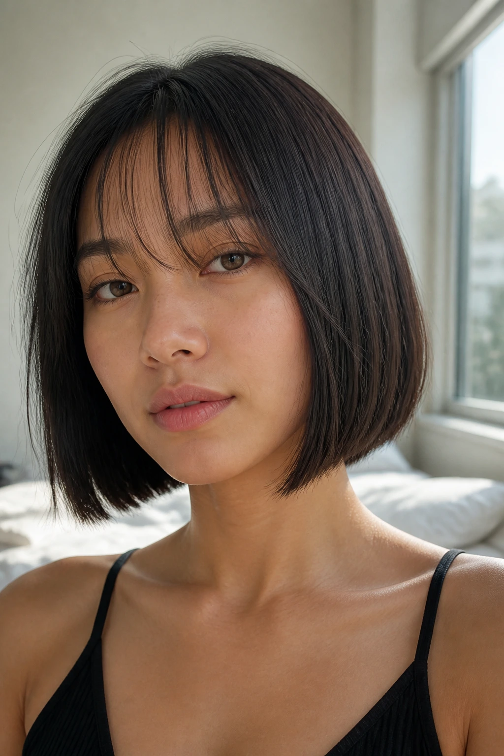 Real woman with blunt bob and see-through bangs in natural light.
