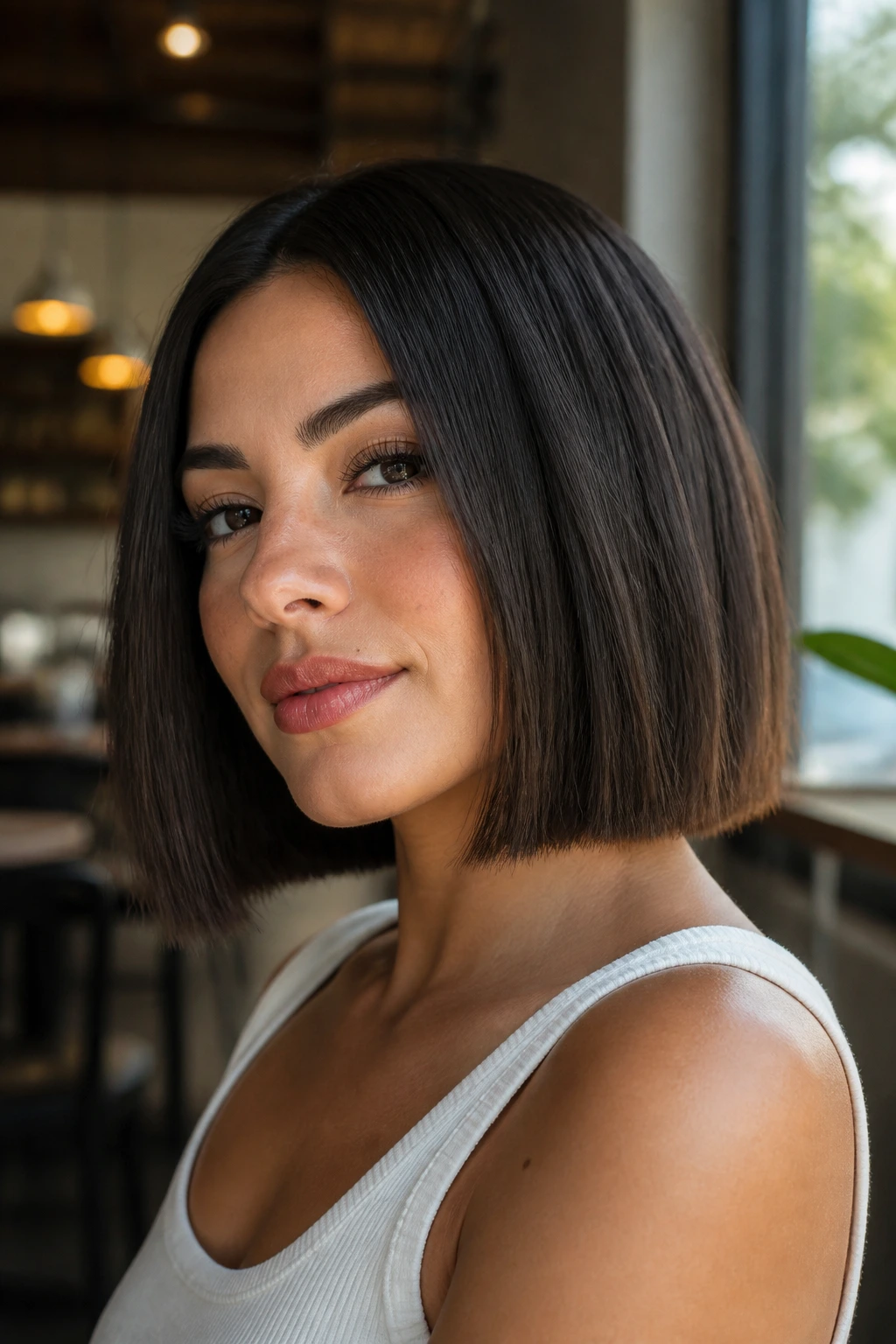 Latina woman with blunt bob and subtle texture, portrait