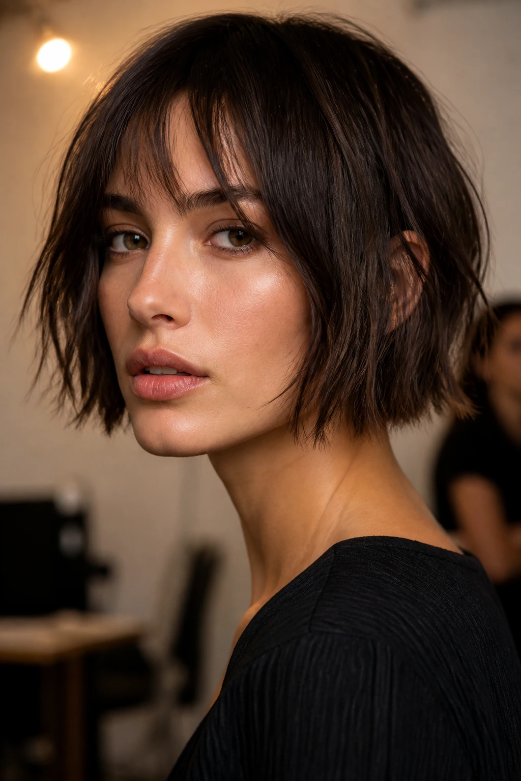 Portrait of a real woman with a blunt-edge, piecey bob showing jagged ends.