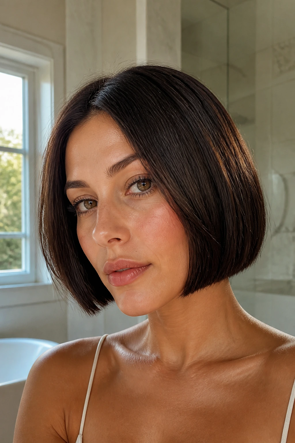 Close-up portrait of brunette with blunt jaw-length bob hitting at chin.