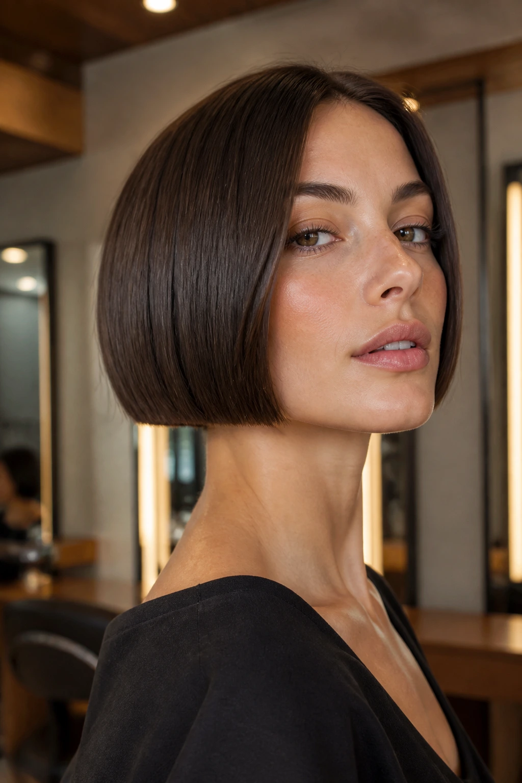 Close-up portrait of a woman with a precision blunt bob and undercut