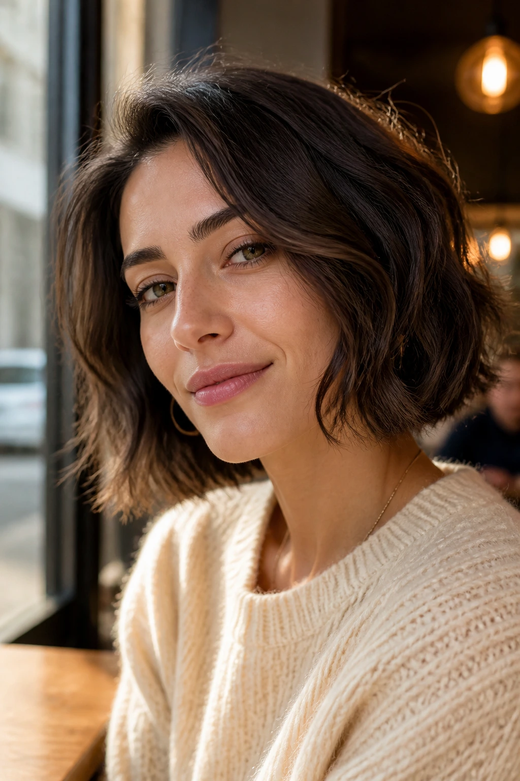 Real woman with a blunt bob and loose waves in natural cafe light