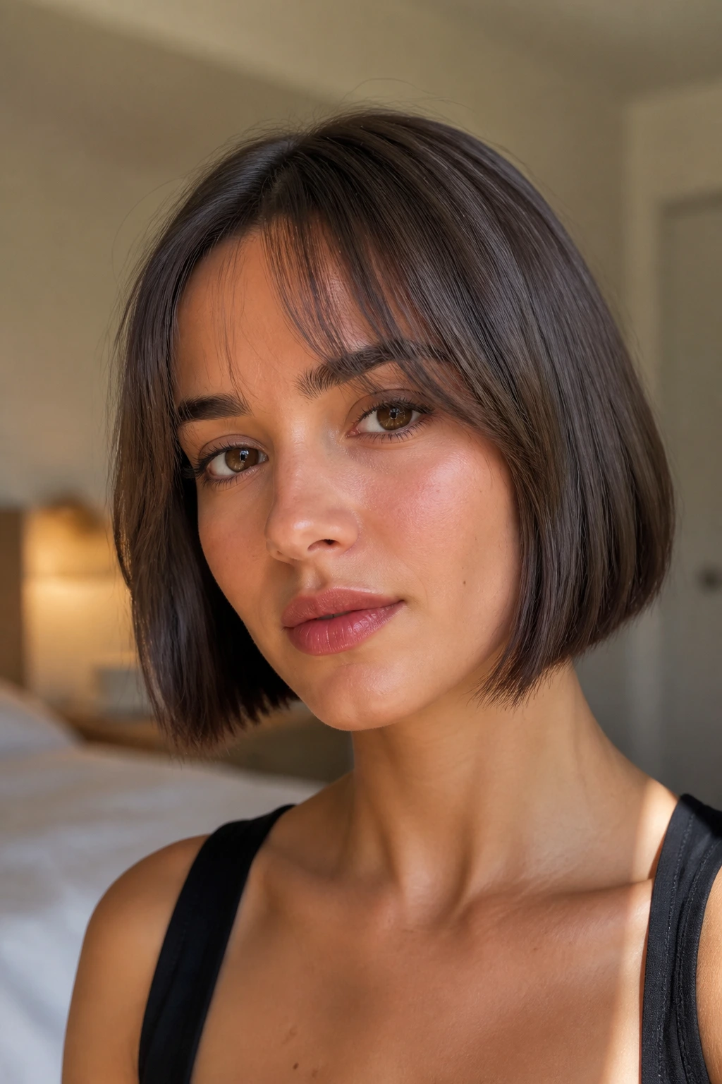 Close-up portrait of a woman with a chin-length blunt bob and wispy curtain bangs in natural window light.