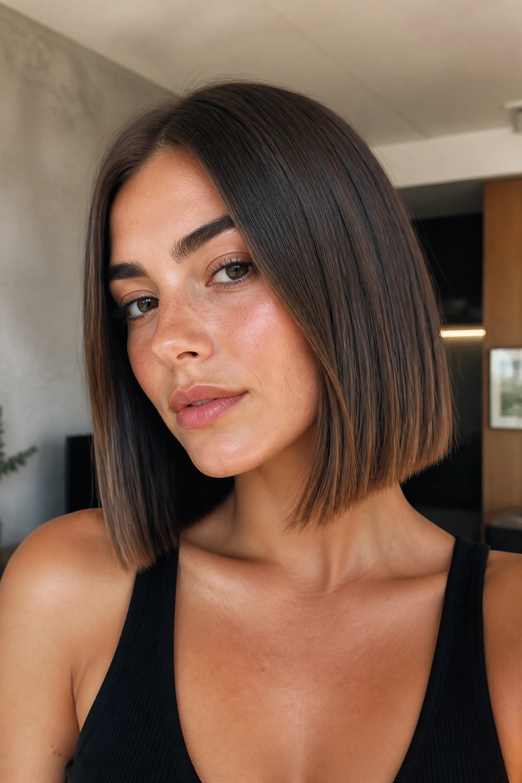 Blunt collarbone bob hairstyle on a real person with sharp line and sleek silhouette