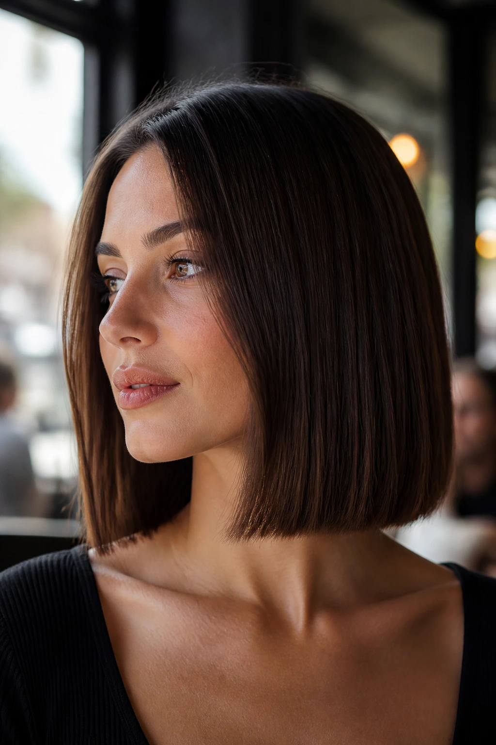 Close up of a woman with a blunt collarbone bob