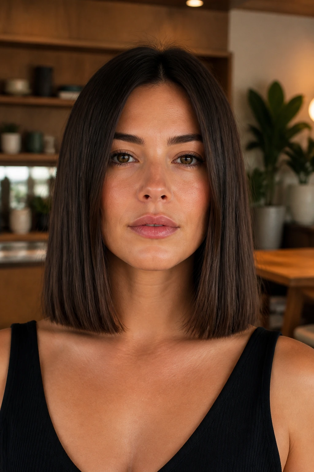 Close-up of a woman with a blunt collarbone-length cut in a modern interior