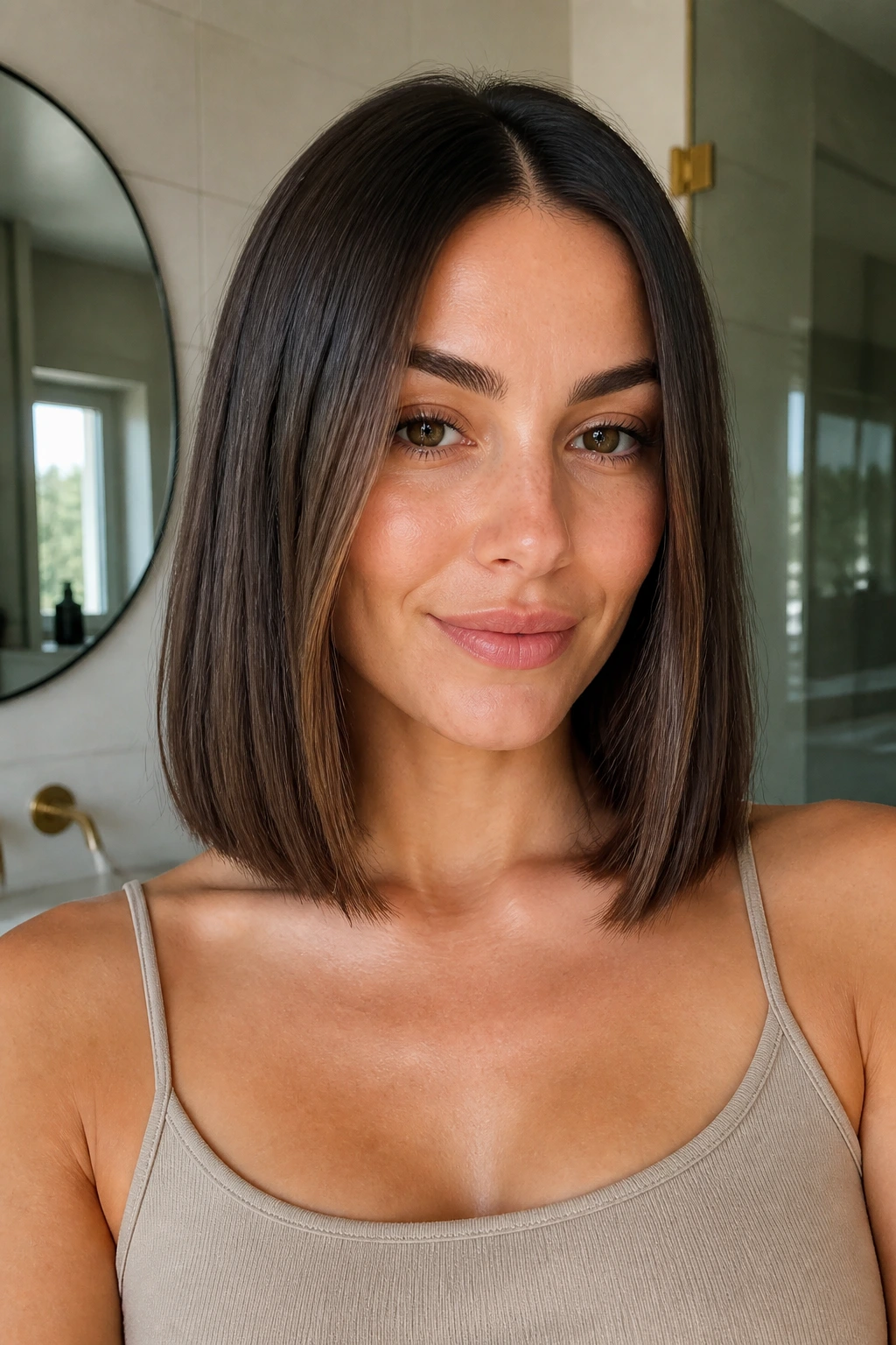 Close-up of a woman with a blunt collarbone-length cut illuminated by morning light.