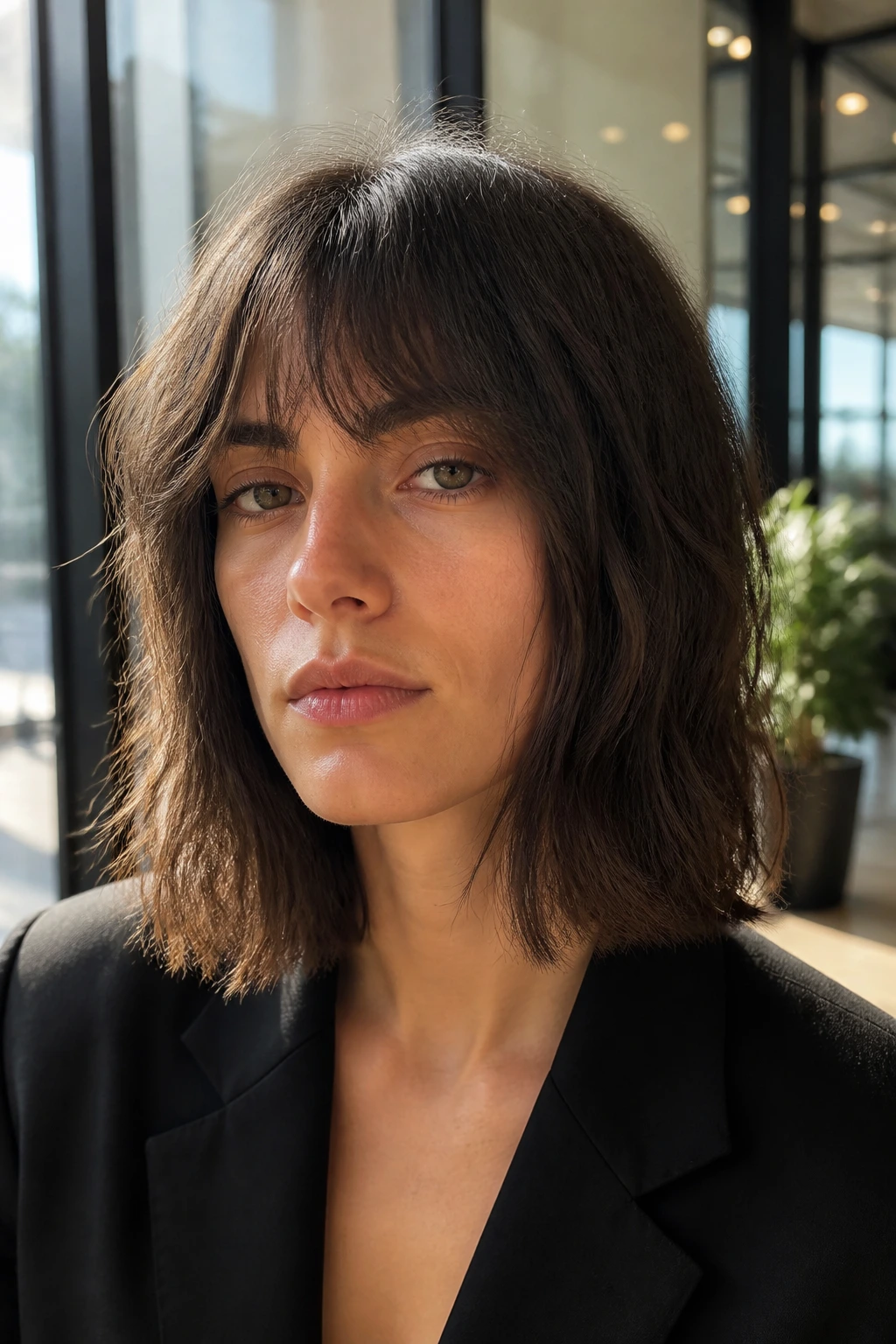 Close-up of a real person with blunt collarbone-length shag in office lighting