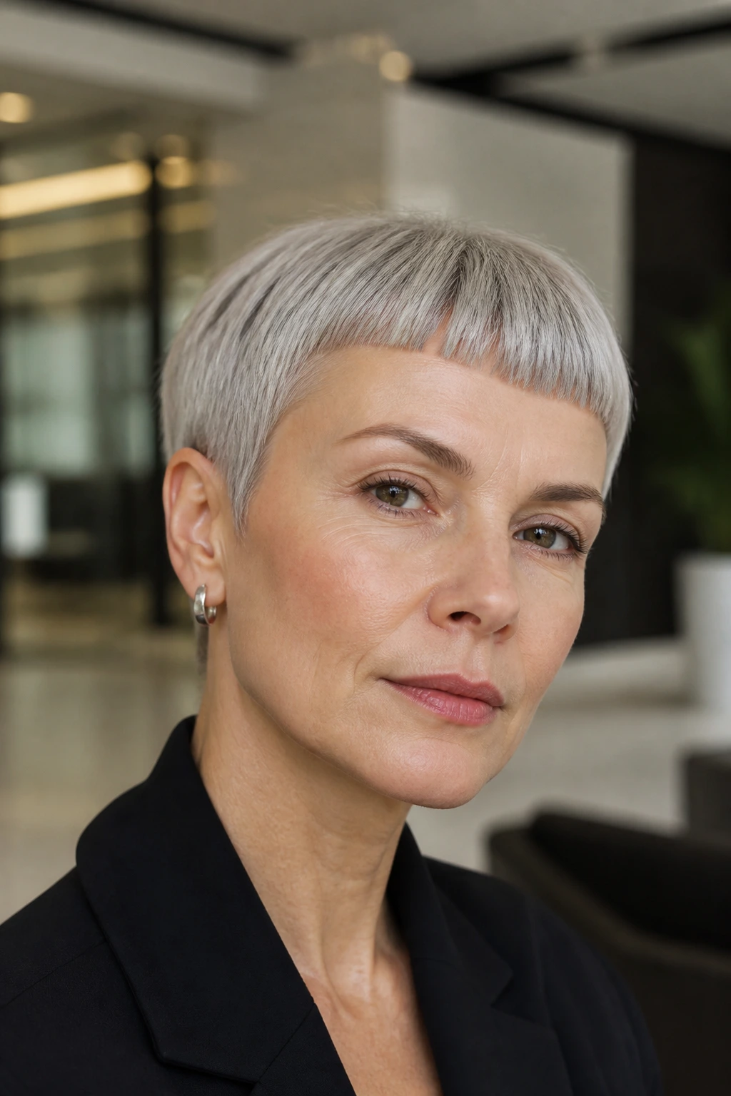 Close-up of a woman with a blunt crop and micro-bangs in silver-grey hair.