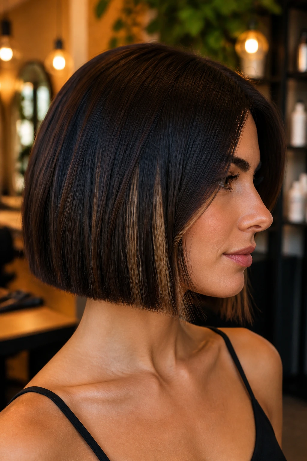 Brunette with blunt cut and hidden balayage side profile
