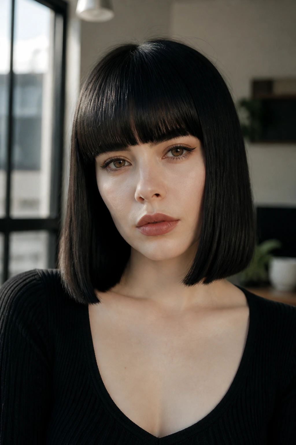 Real-person portrait with mid-length blunt cut and blunt bangs against pale skin.