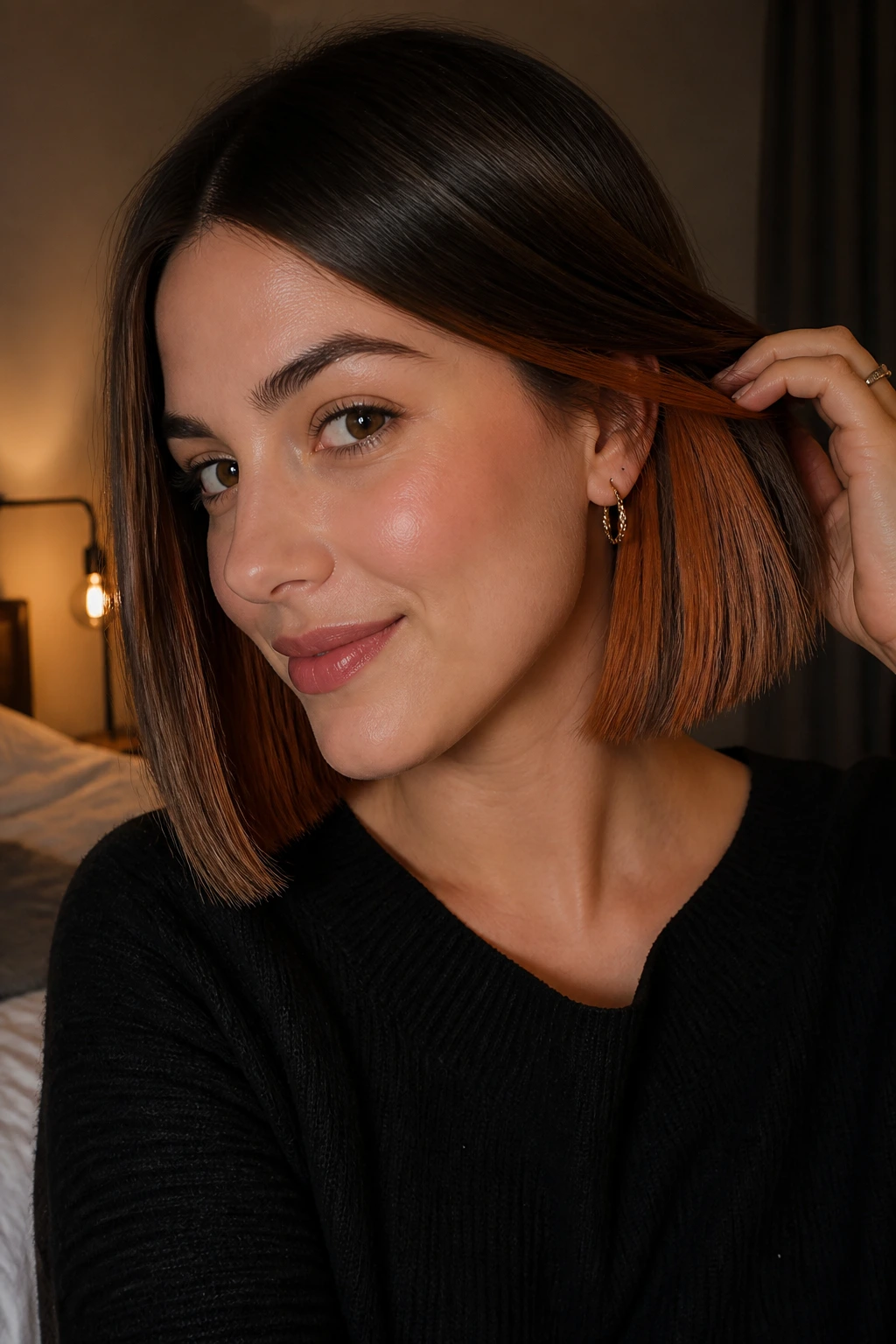 Close-up of a real woman with hidden copper panels under a blunt cut