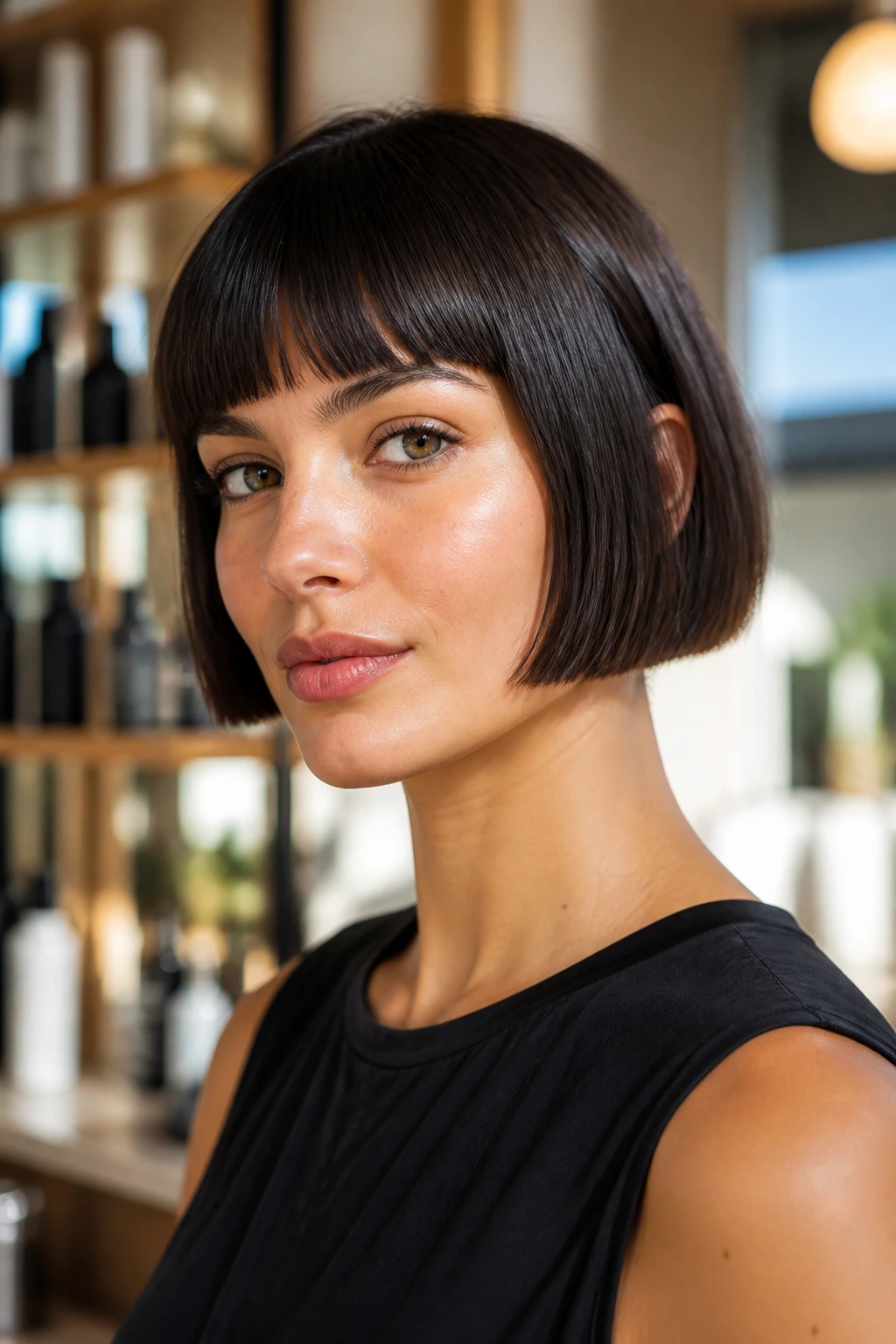 Close-up of a real person with an ear-length blunt crop and crisp blunt edge at the ears.