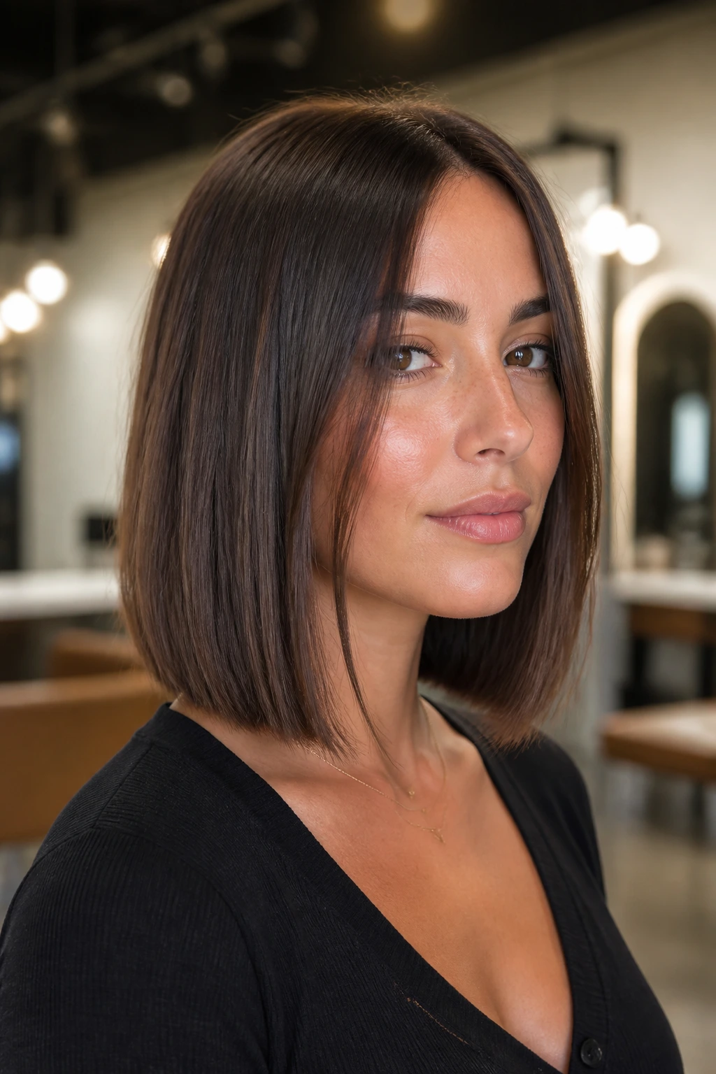 Portrait of a real woman with a blunt cut and subtle face-framing pieces.