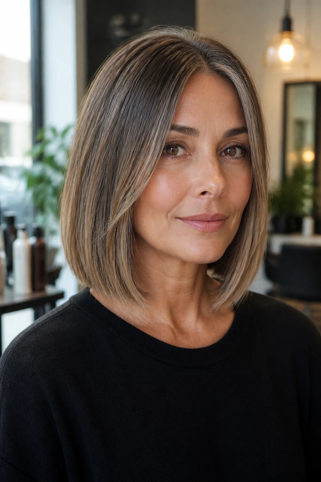 Close-up of a real woman with a blunt-cut hairstyle showing even ends and subtle face-framing layers