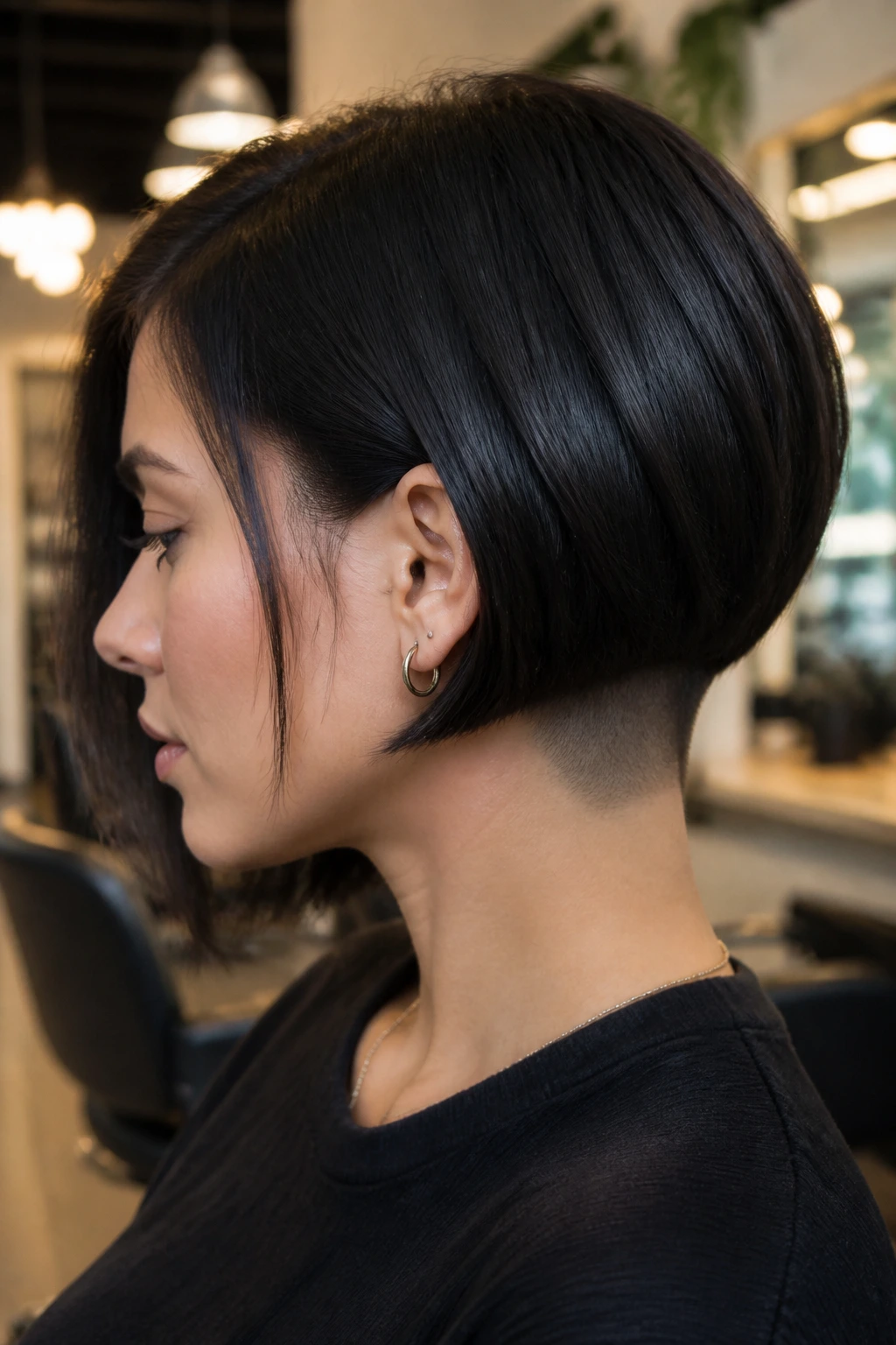 Close-up portrait of a real woman with a blunt bob and a barely visible undercut at the nape.