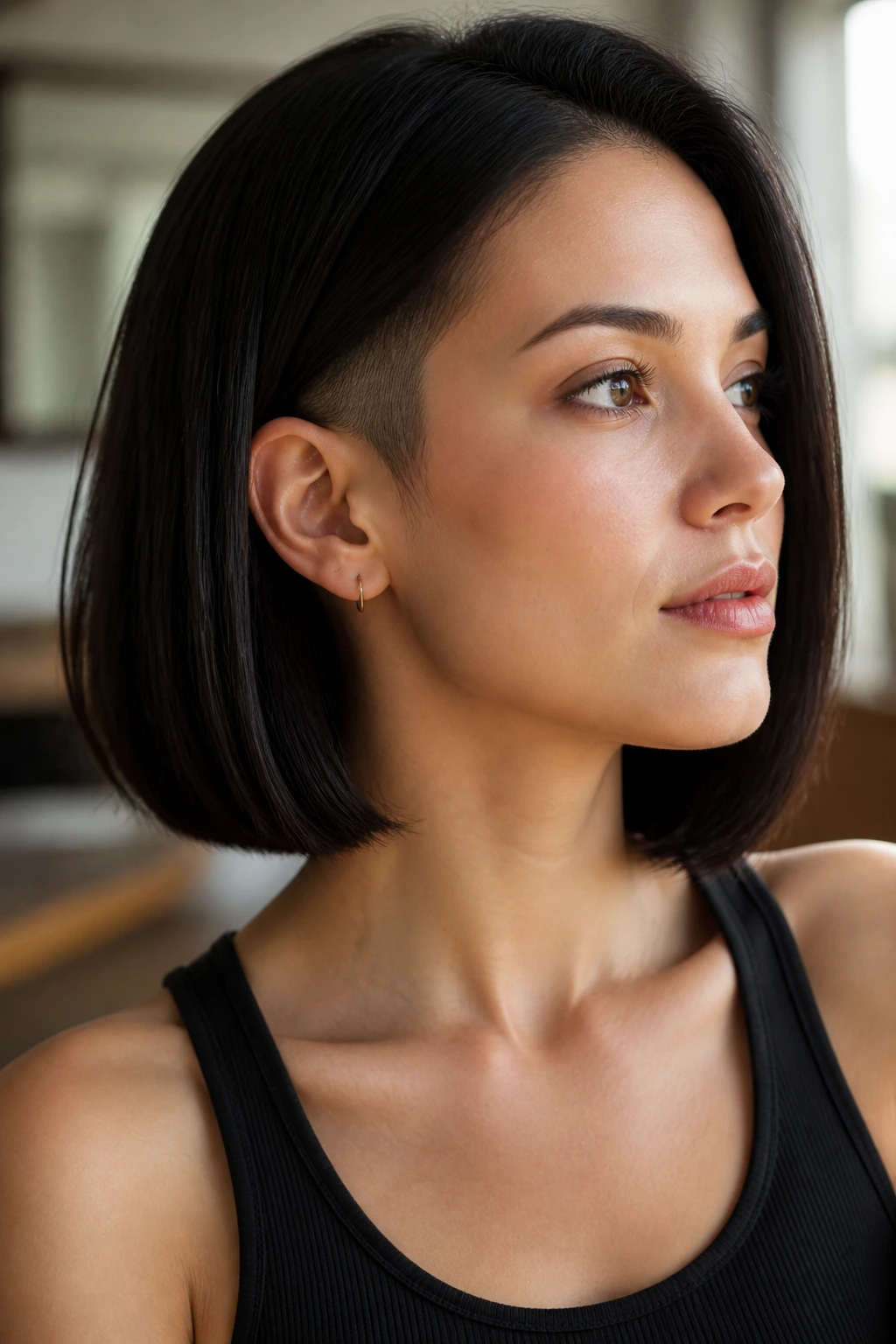 Close-up of a real woman with a blunt cut and a hidden nape undercut.