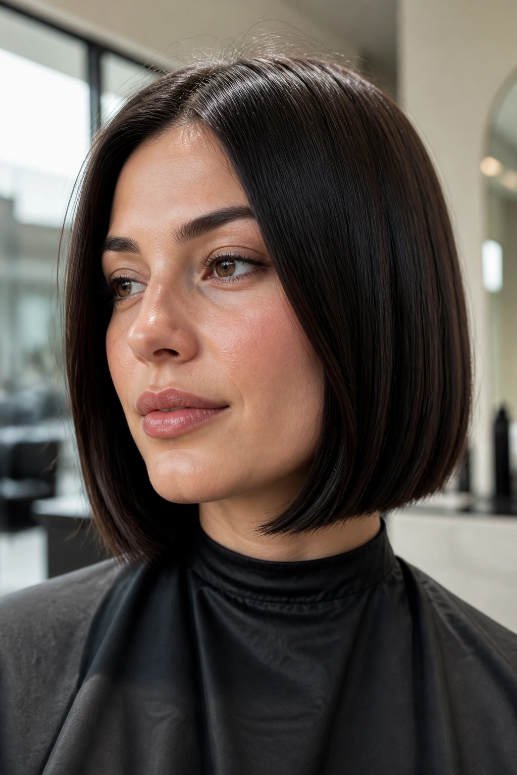 Close-up of a woman with an espresso blunt cut with internal layers