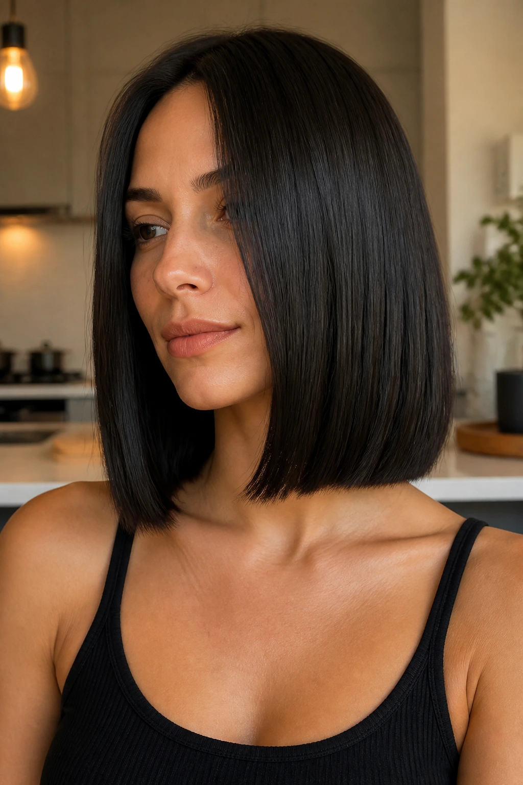 Close-up of a real woman with a blunt cut and hidden inner layers