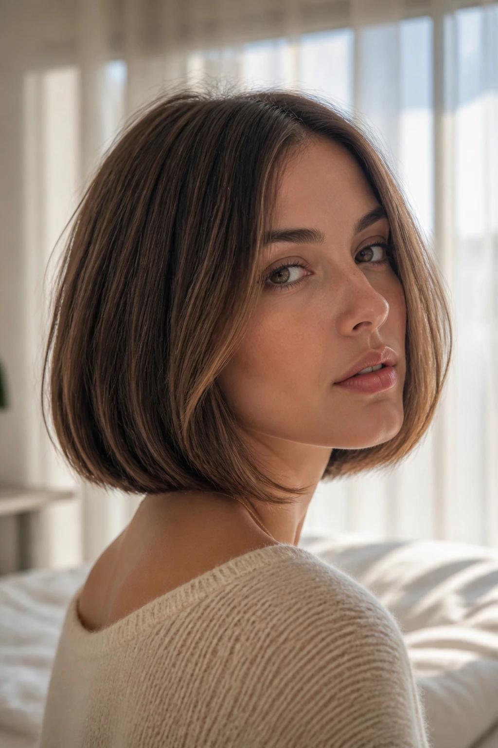 Close-up of a woman with blunt cut bob and subtle back layers in soft daylight