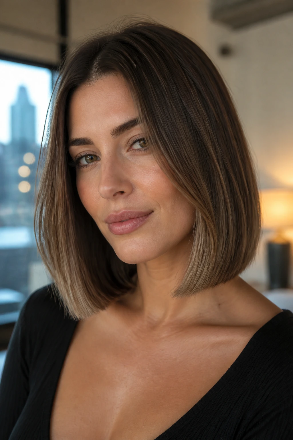 Close-up of a real woman with blunt-cut lob and invisible layers