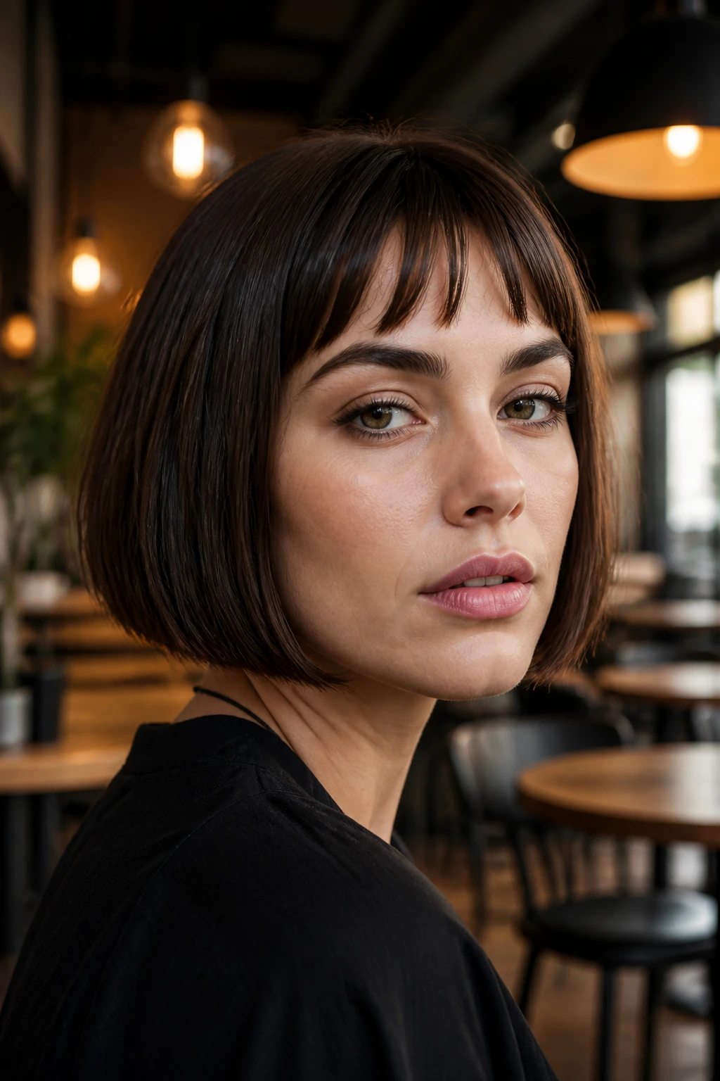 Real woman with blunt cut and micro-curtain bangs in chic cafe lighting.