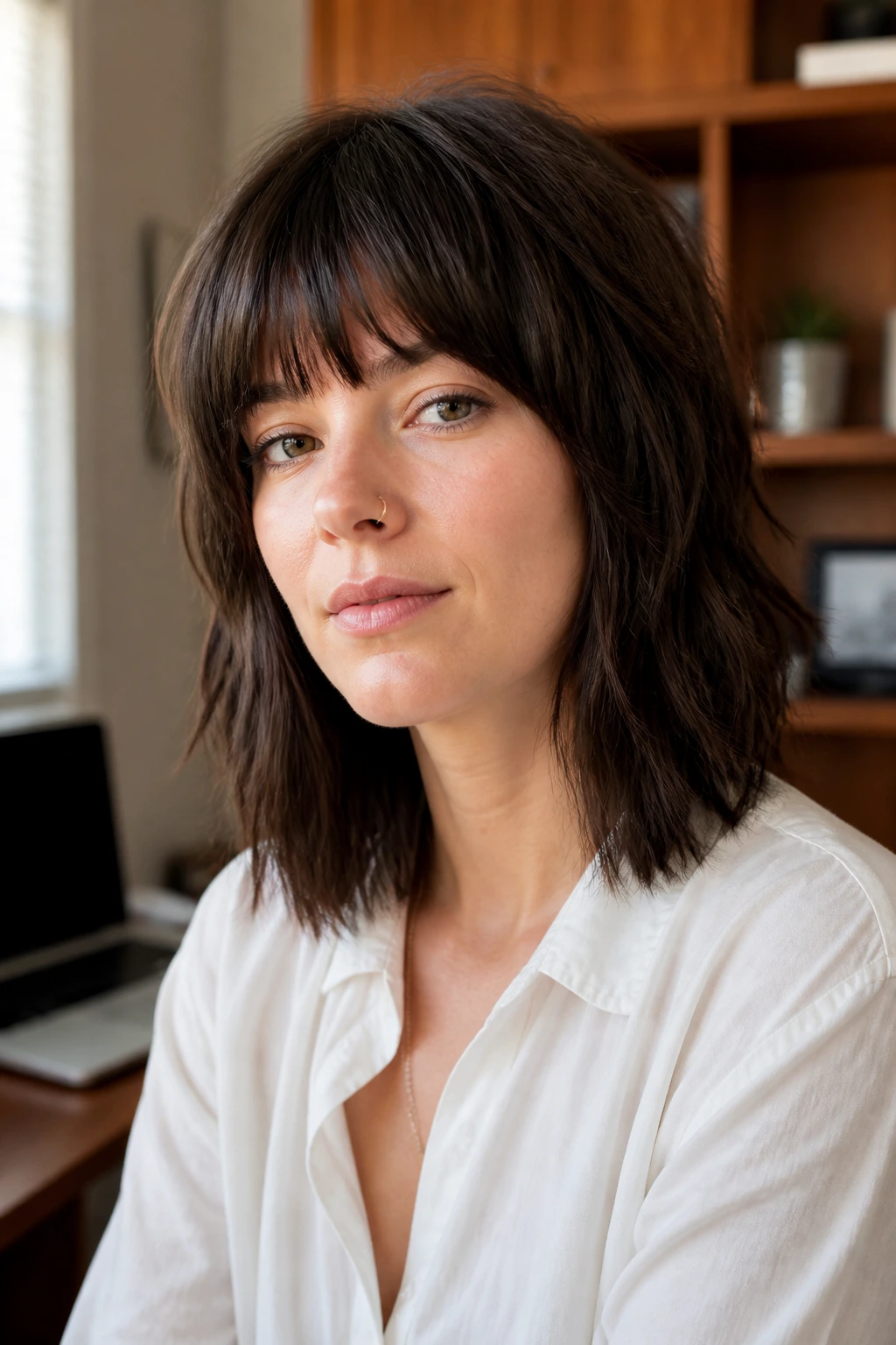 Portrait of a real woman with a blunt-cut shag hairstyle and crisp ends.