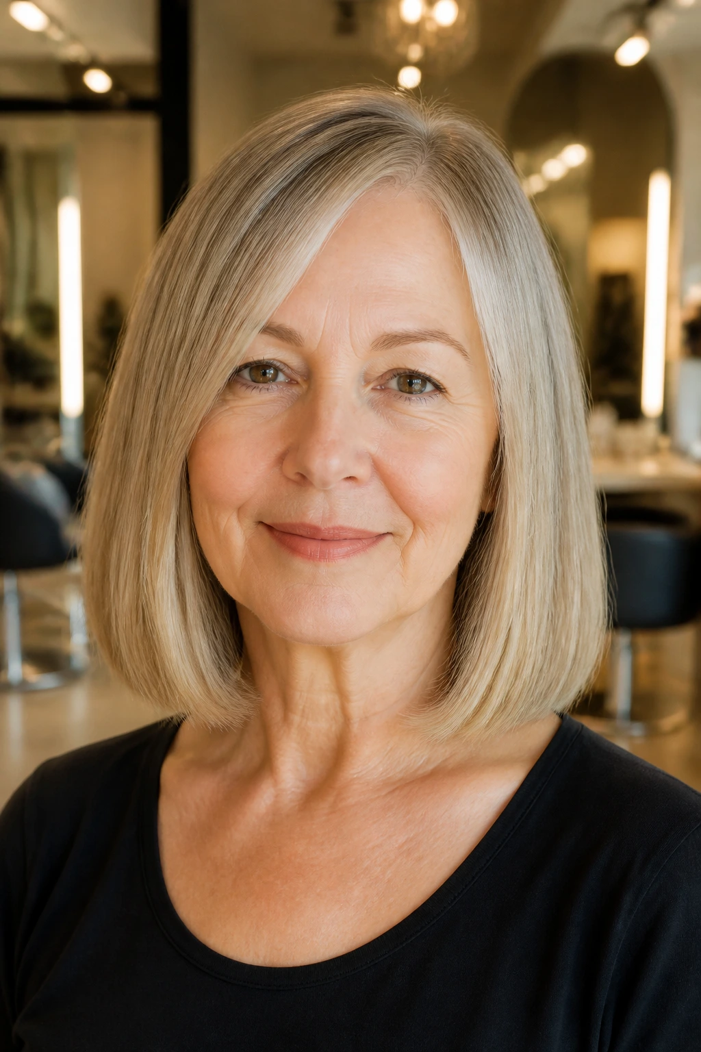 Portrait of a real woman with blunt cut and internal thinning for a sharp finish