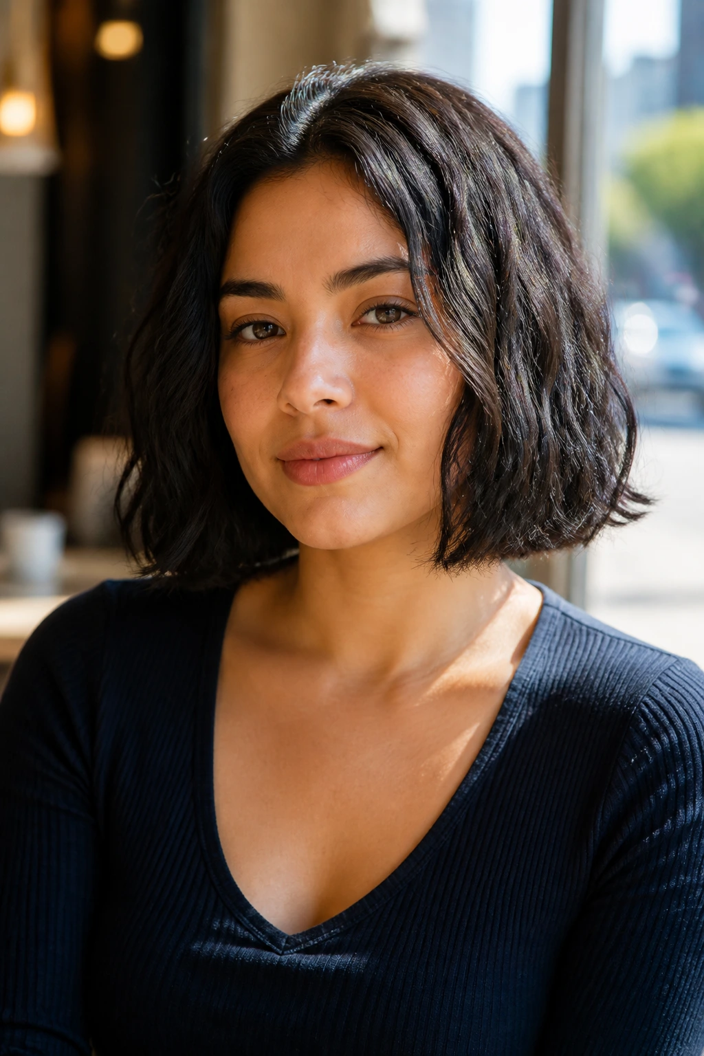 Close-up of a Latina woman with a chin-length blunt cut and natural waves