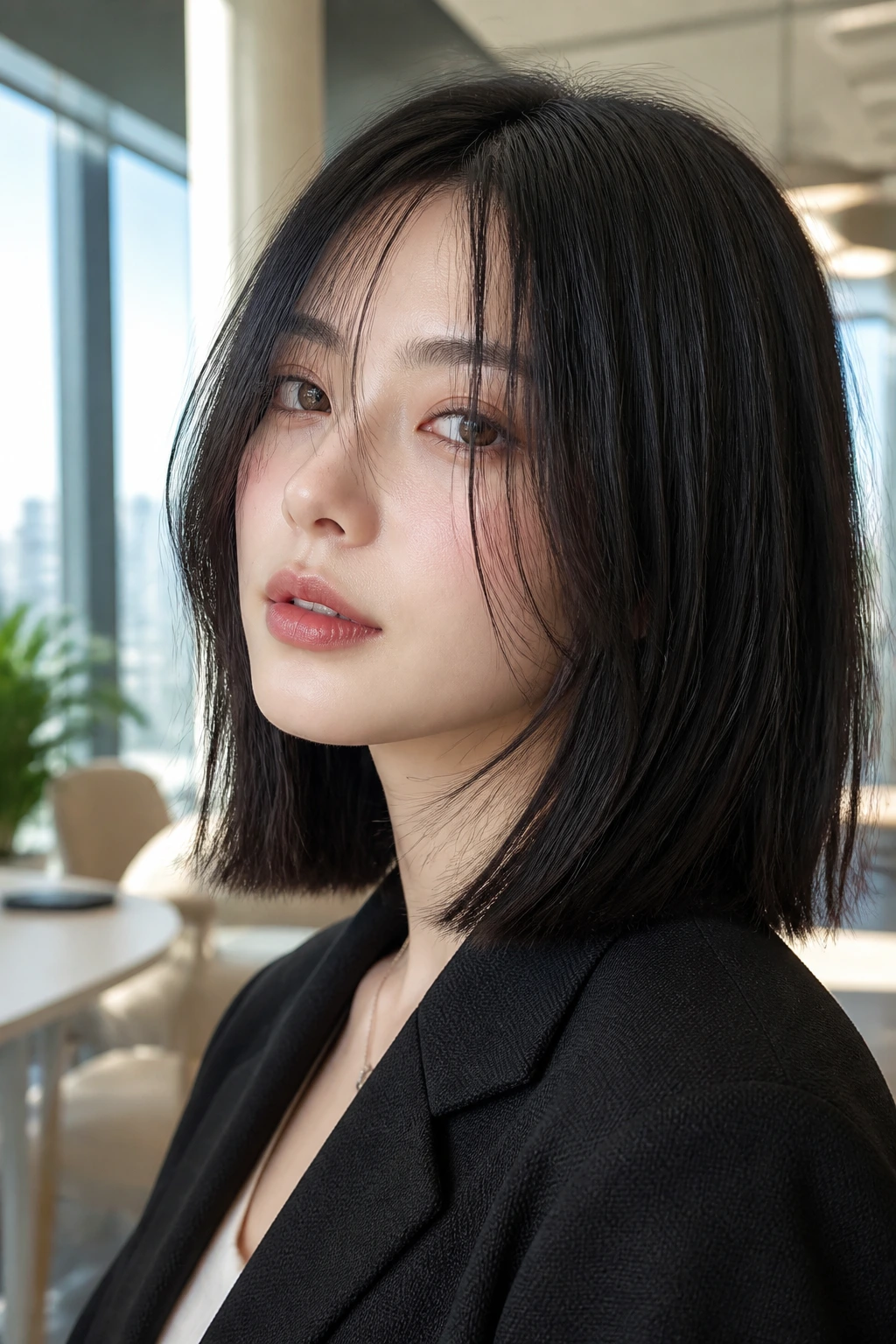 Real woman with blunt cut and wispy layers in a bright office setting