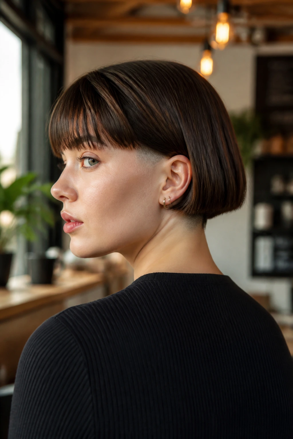 Woman with blunt ends and hidden undercut visible at the nape in profile