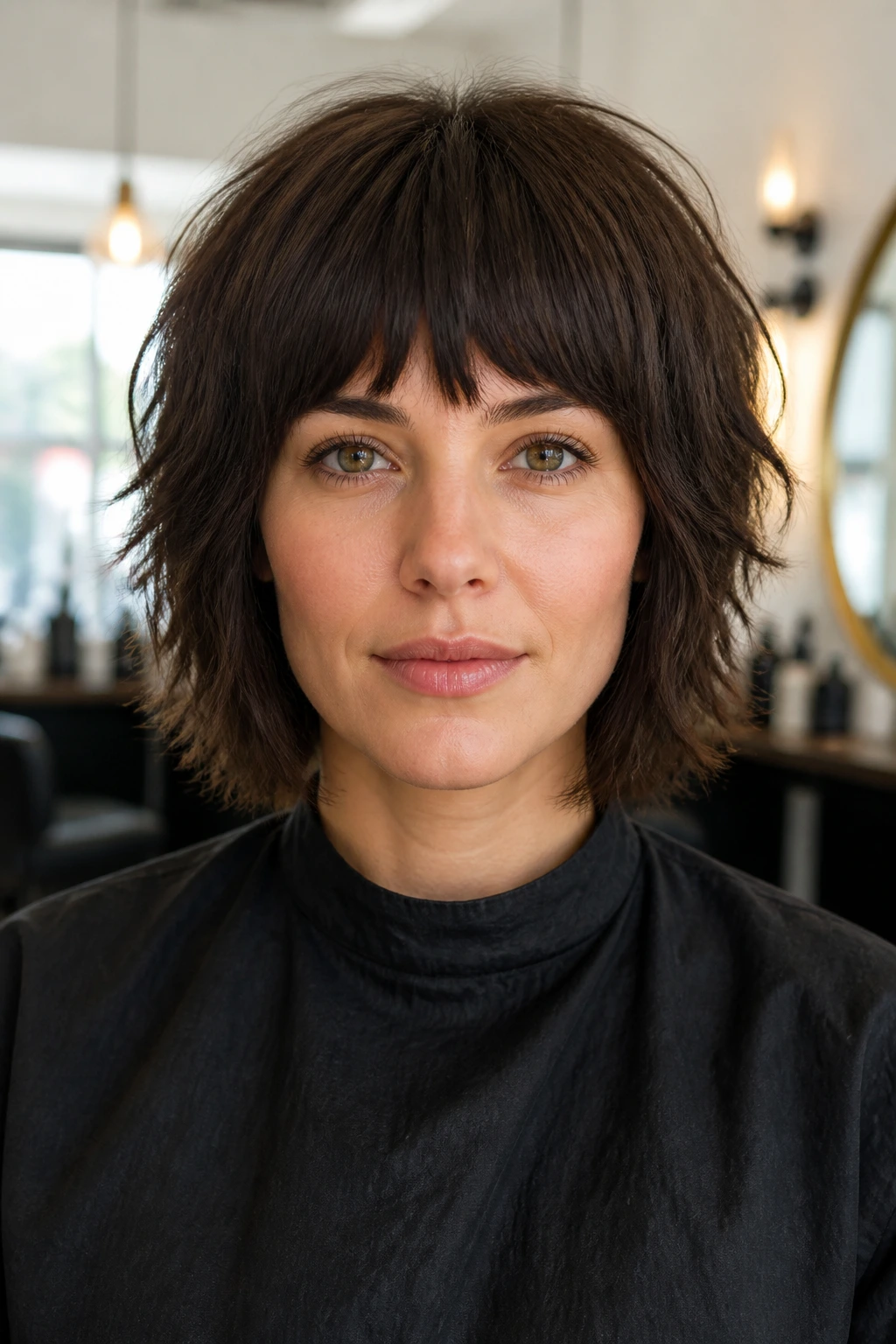 Portrait of a real woman with blunt fringe and shaggy layers.