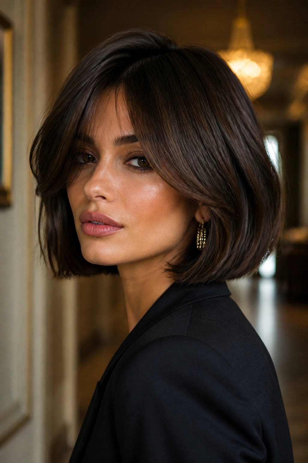 Real woman with Italian blunt bob and long curtain bangs in warm interior lighting.
