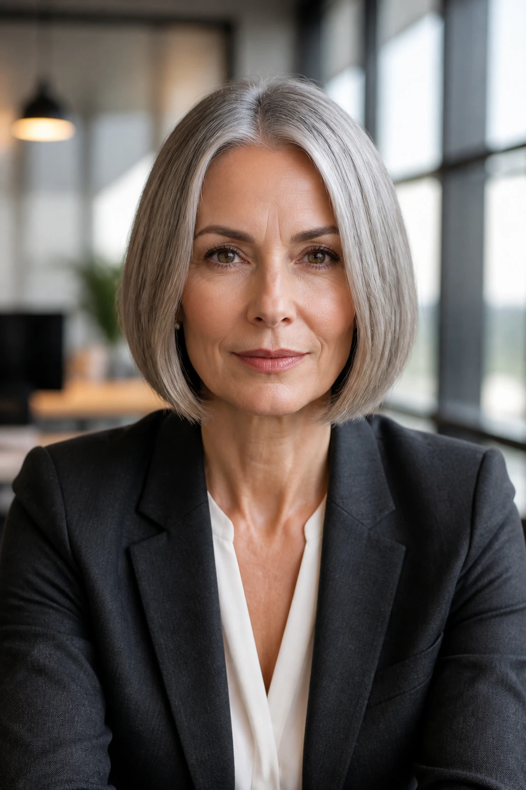 Front-facing portrait of a real woman with a blunt jaw-length bob in an office