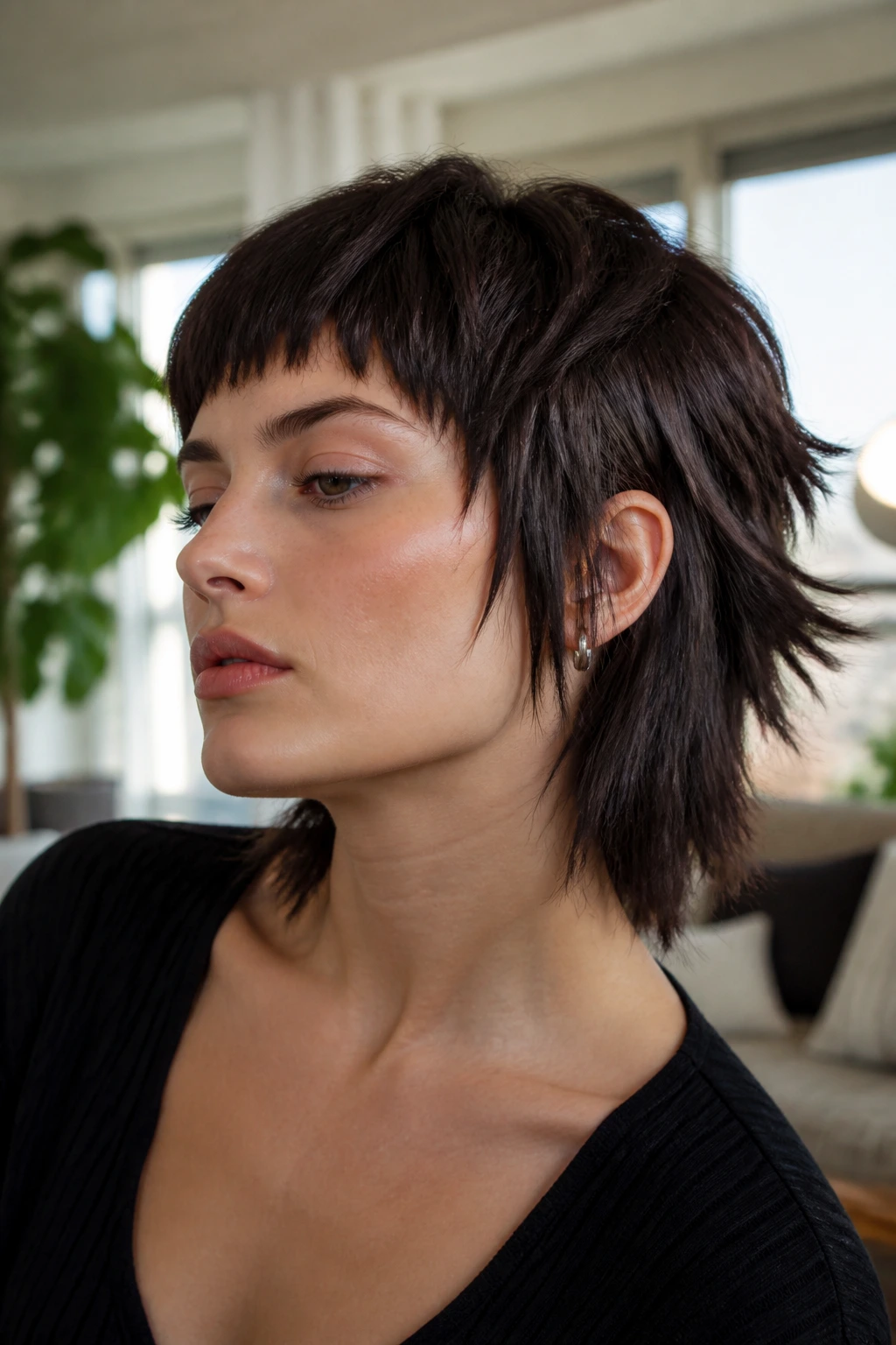 Portrait of a person with blunt, choppy 90-degree layered hair