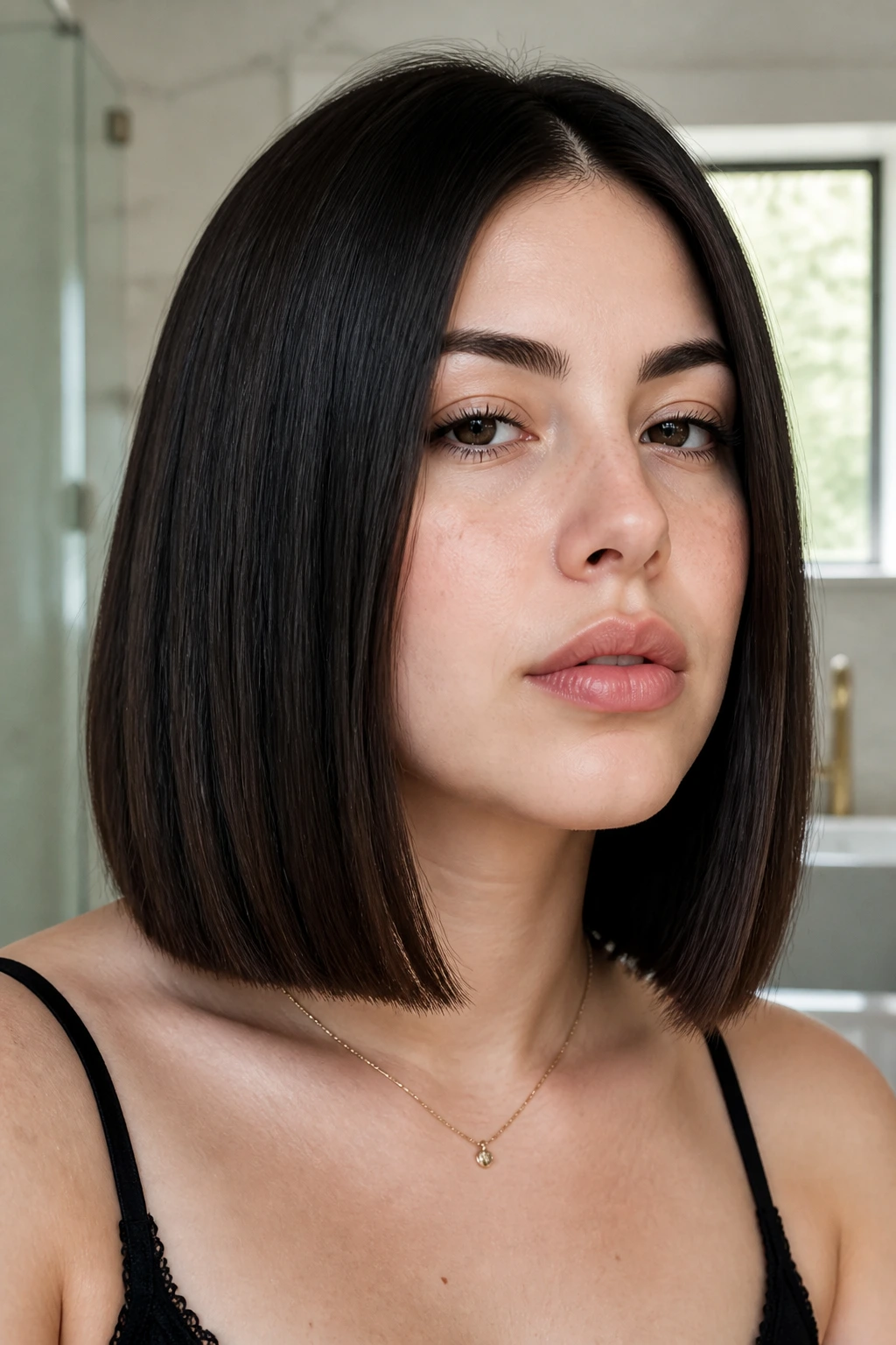 Close-up of a real woman with a deep espresso blunt lob and sleek straight hair.