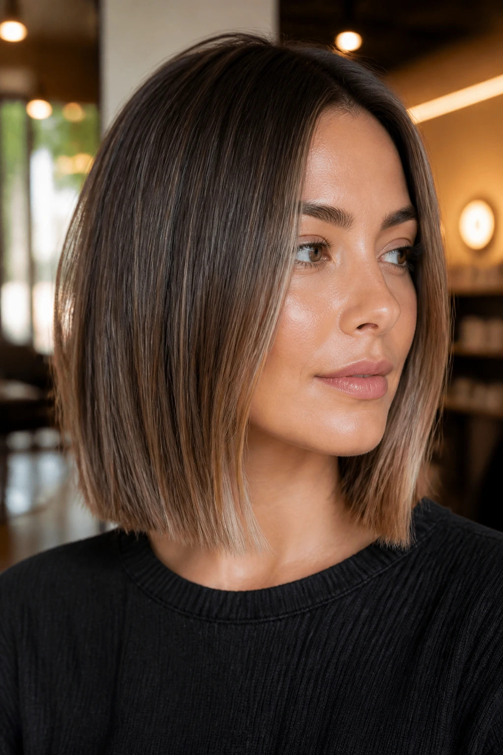 Close-up portrait of a real woman with blunt lob and subtle highlights in a warm salon