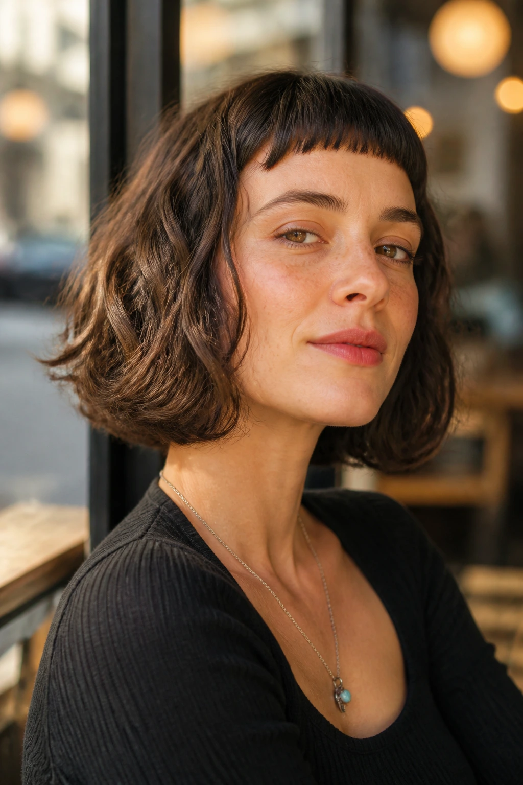 Close-up of a woman with blunt micro-bangs and waves in a sunlit cafe setting