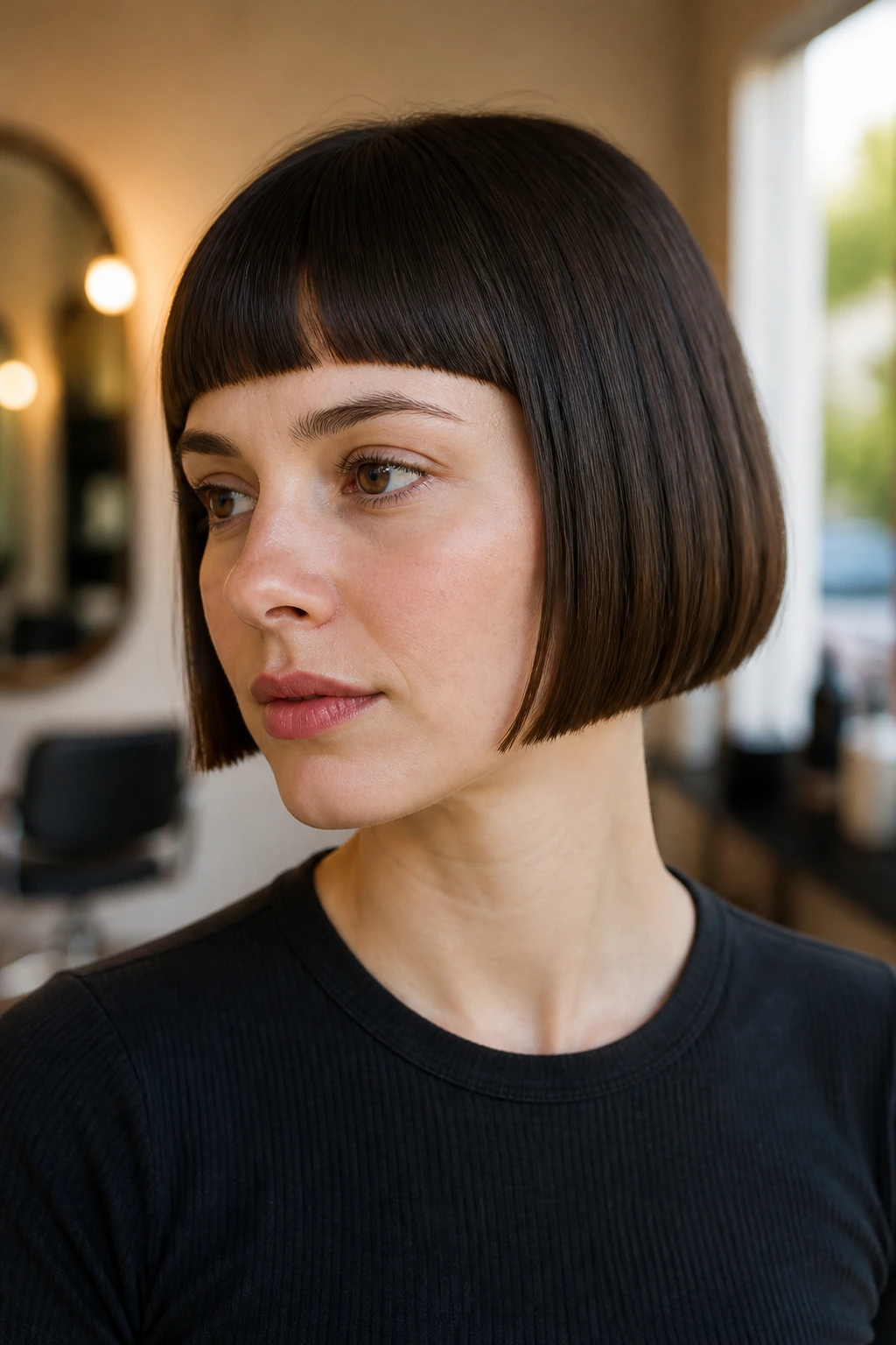 Close-up of a real person with a blunt micro-bob hairstyle.
