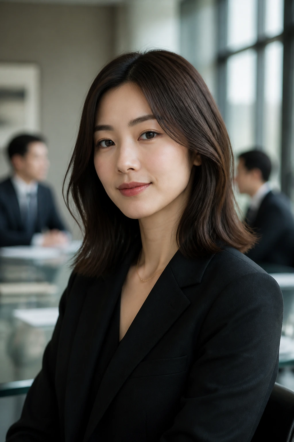 Close-up of a woman with blunt mid-length cut and subtle waves in an office setting