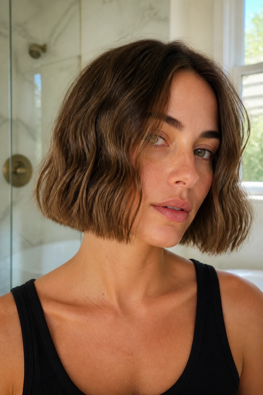 Close-up of a woman with a blunt no-layer bob and sleek ends