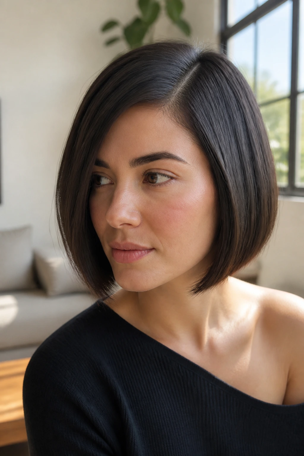 Close-up portrait of a real person with blunt off-center part bob
