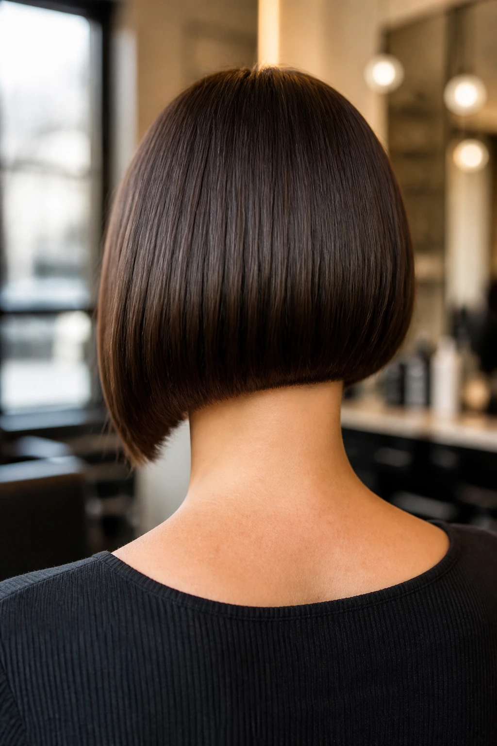 Back view of a real woman with blunt swing bob and crisp nape line
