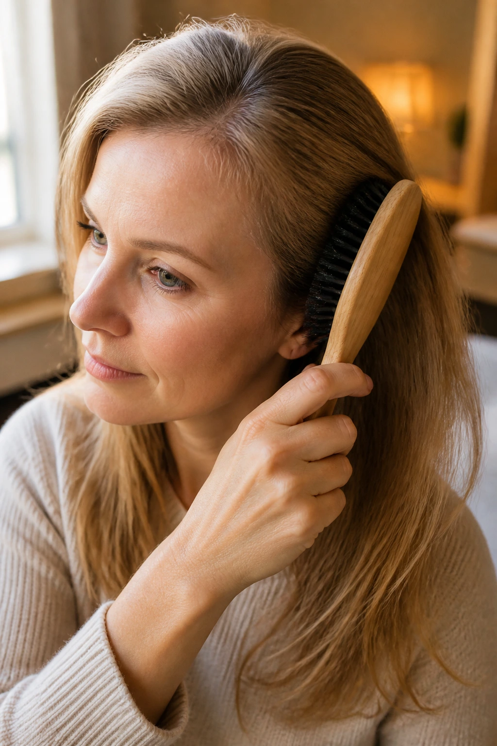 Close-up of a real woman using a boar-bristle brush to groom hair